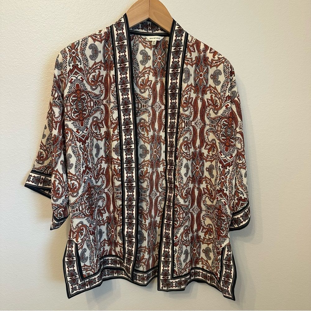 Max Studio Lightweight Open Front Kimono Swim Cover up- Rust & Cream